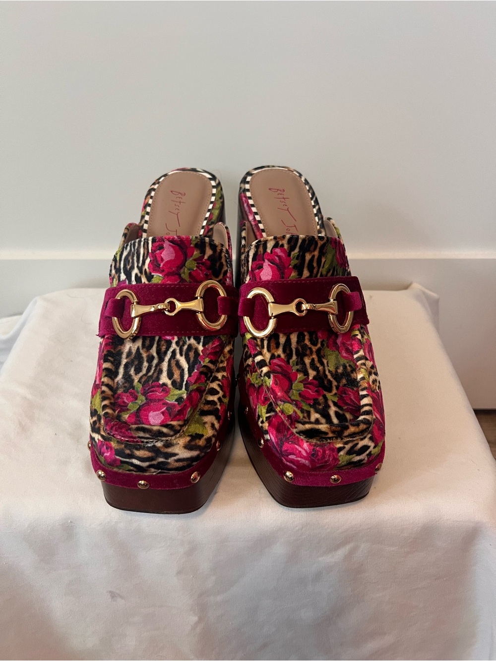 Betsey Johnson Floral Leopard Platform Mules in Fuchsia